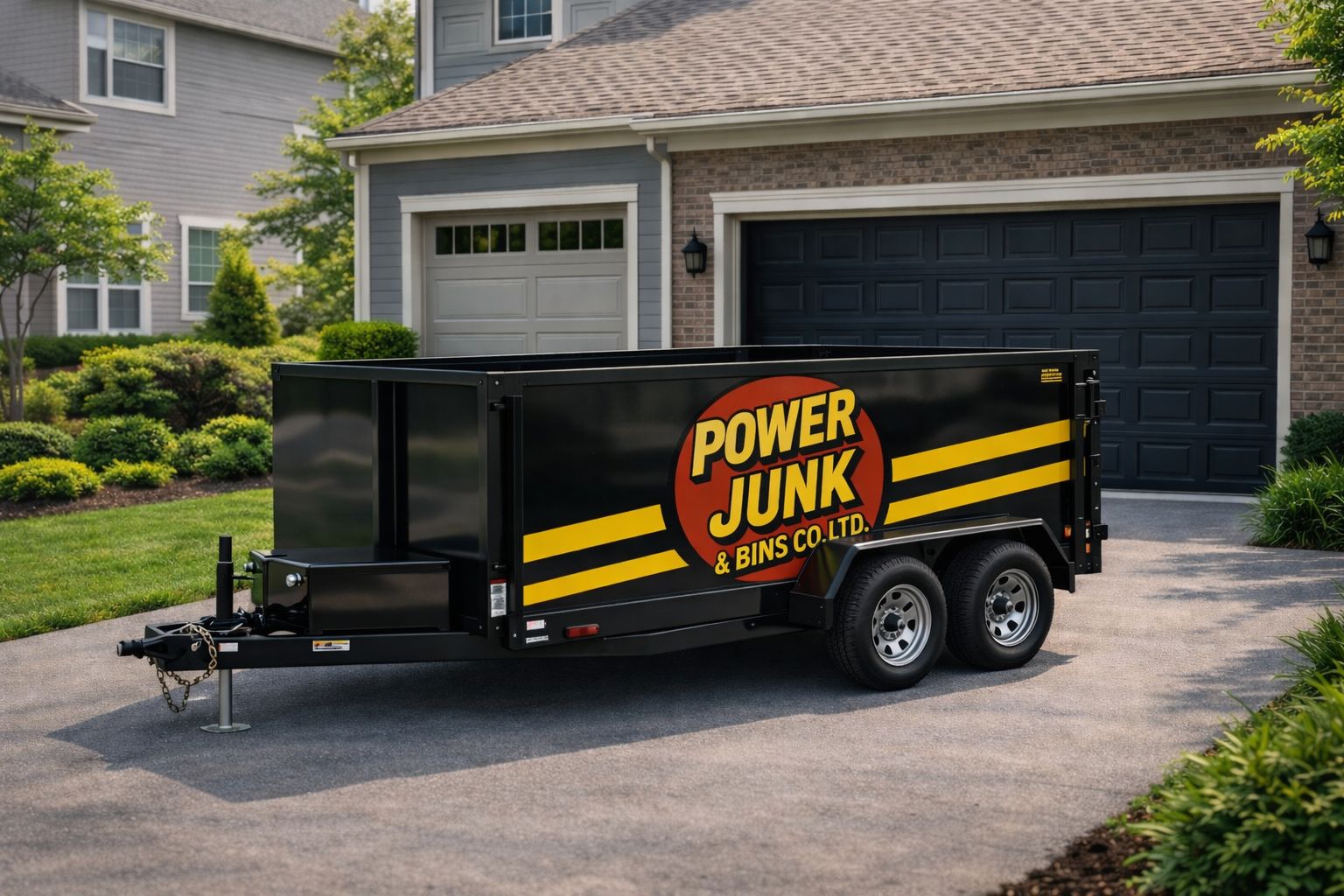 Driveway-friendly bin rental Durham - Power Junk branded compact bin residential driveway Ajax Pickering