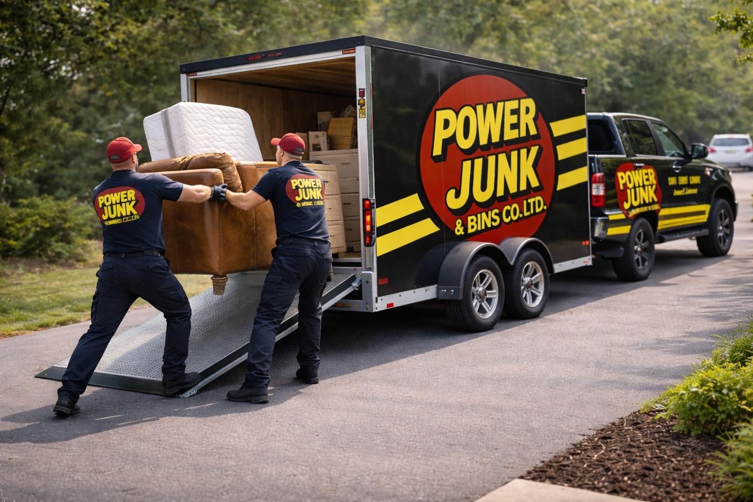 Same-day junk removal Durham Region - Power Junk workers loading furniture into branded trailer Oshawa Whitby